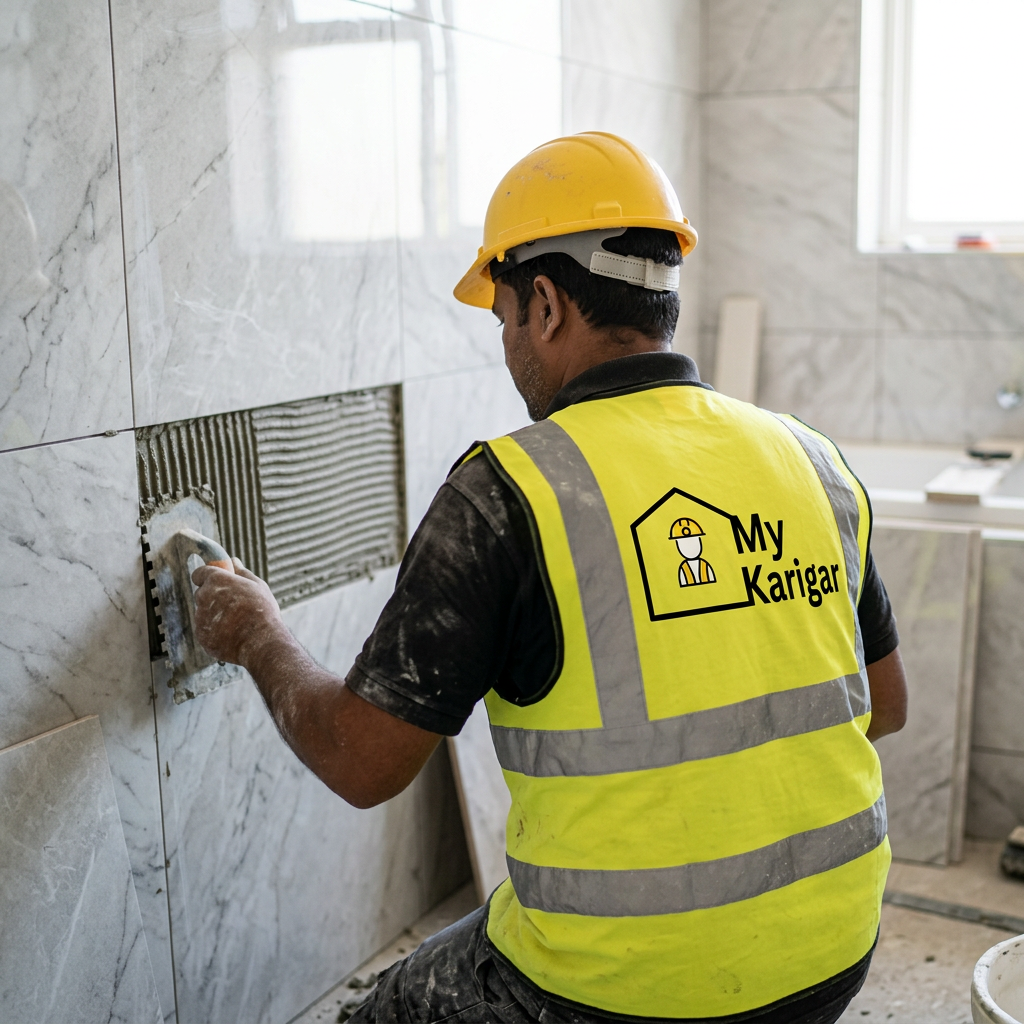 My Karigar worker fixing wall tiles in a Vadodara home — My Karigar logo on uniform